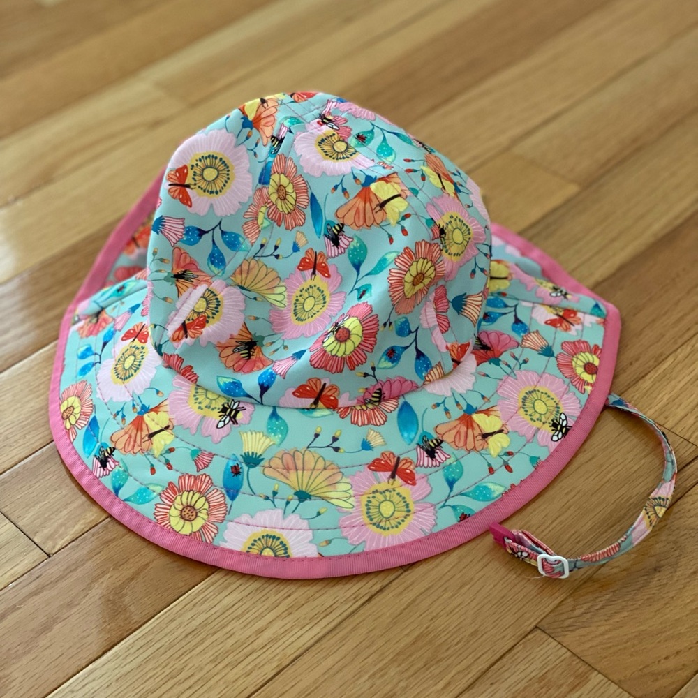 Sunday Afternoons Kids Sun Bucket Hat Pink Yellow Floral Bees Small 1-3 Years
